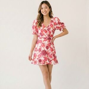 A.Peach Pink Floral Faux-Wrap Mini Dress